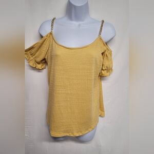 Retrology L Cold Shoulder Gold Chain Top Stretch Elastic Sleeve Ends Nice Cond